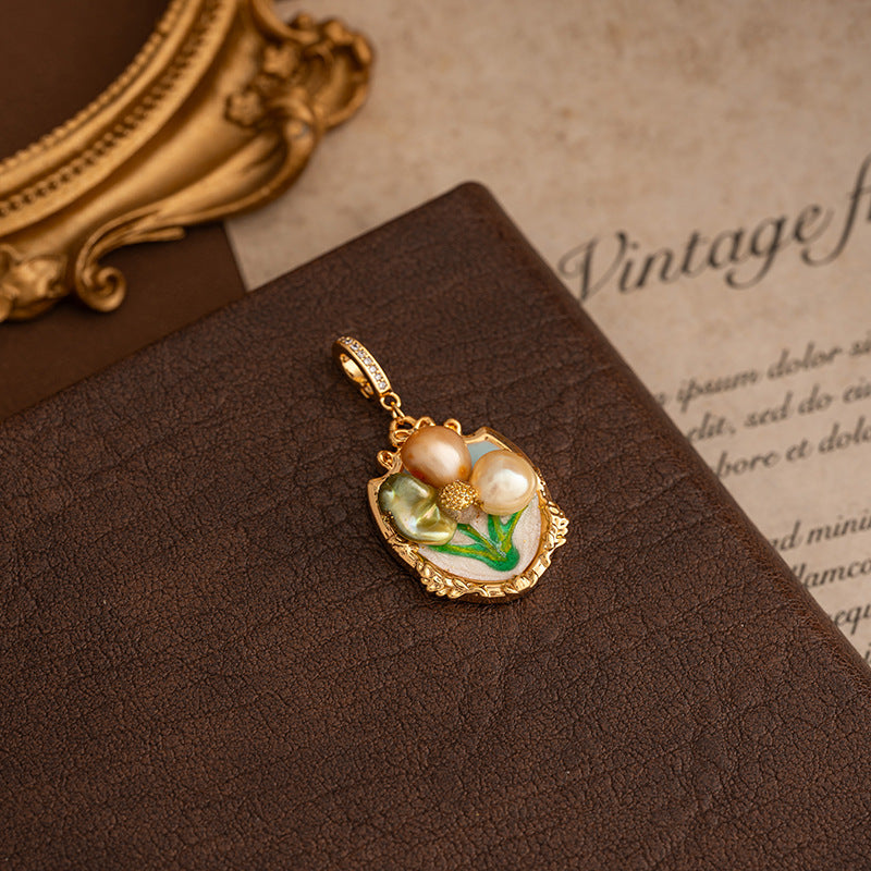 Natural Baroque Pearl Necklace Universal Clasp Pendant Exquisite Oil Drop Flower Oil Painting Style Retro Versatile Women's Necklace
