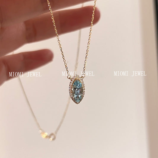 Sparkling Horse Eye Aquamarine Zircon Necklace for Women S925 Sterling Silver Olive Pendant Gemstone Collarbone Chain Vintage Style