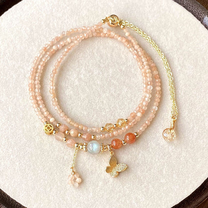 Natural Crystal Orange Sunstone, Gray Moonstone, Golden Strawberry Quartz Faceted Triple-Layer Multi-Strand Bracelet butterfly fairy