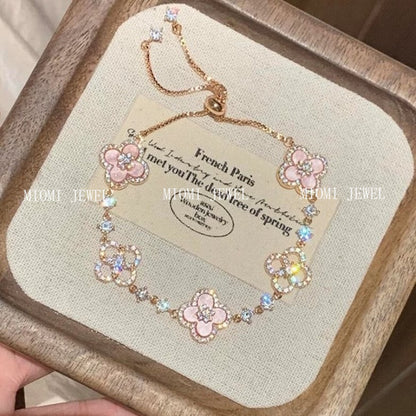 E-commerce Four-leaf Clover Bracelet Micro-inlaid Zircon Pink Mother-of-Pearl New Sweet Light Luxury Elegant Niche Design Jewelry