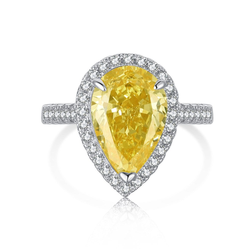 Cross-Border Hot S925 Sterling Silver Yellow Diamond Ring Female Noble Super Flash Ice Flower Cut High Carbon Diamond 8A Zircon Ring