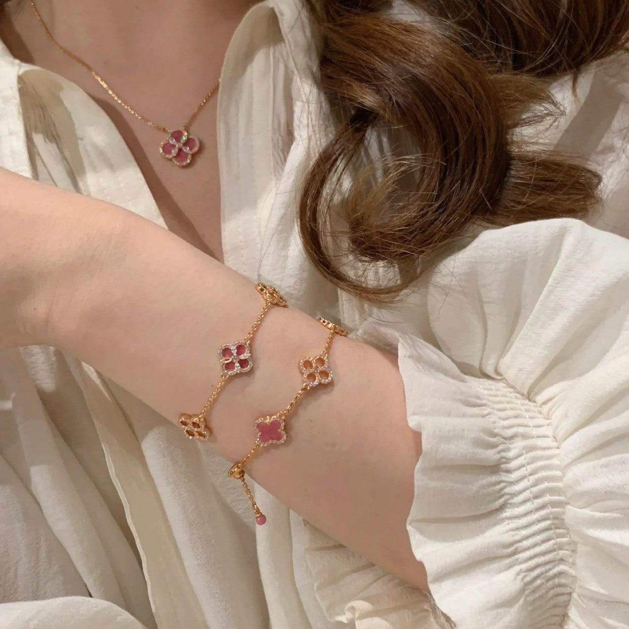 Pure Silver S925 Natural Rhodonite Four-Leaf Clover Necklace Bracelet Earrings Set for Women Fashionable Versatile Personality