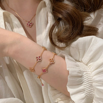 Pure Silver S925 Natural Rhodonite Four-Leaf Clover Necklace Bracelet Earrings Set for Women Fashionable Versatile Personality