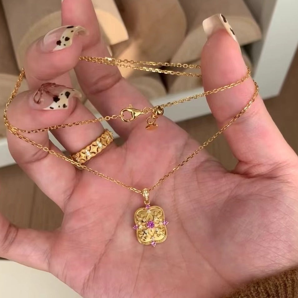 Vintage Style Pure Silver S925 Real Gold Plated High Carbon Diamond Brushed Craft Iris Flower Amulet Double-Sided Necklace