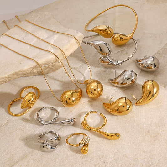 Stainless Steel Water Drop Necklace High-end Earrings Niche Open Bracelet Titanium Steel Ring Jewelry