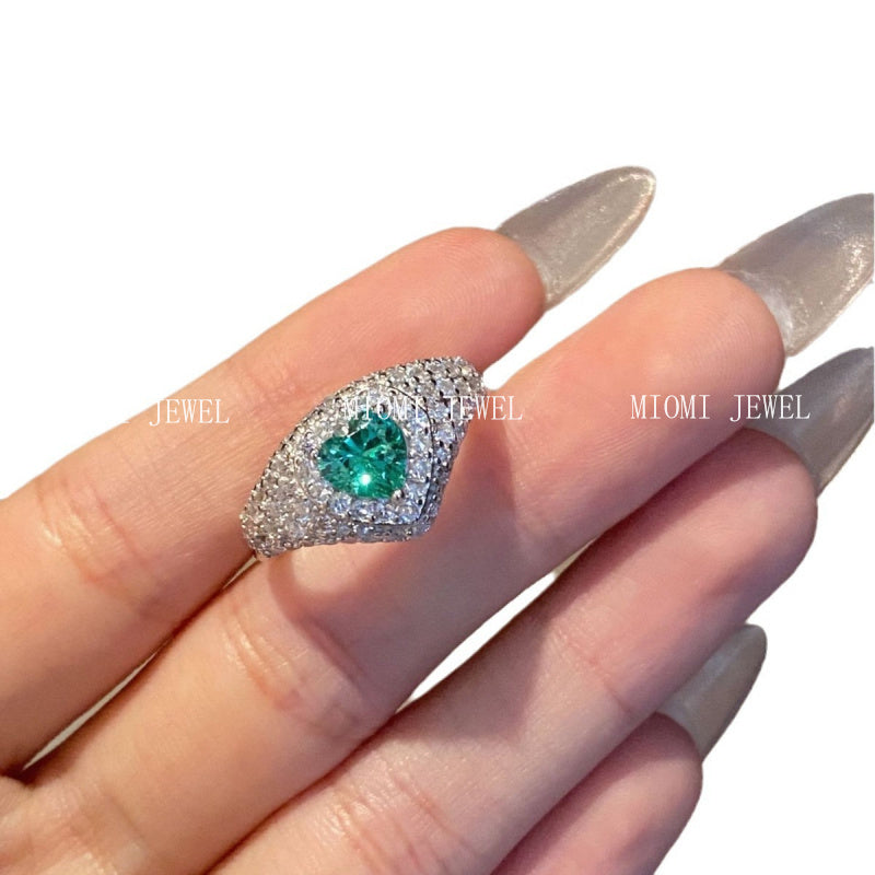 S925 Sterling Silver North Island Lovers Vintage Paraiba Heart Full Diamond Ring Antique Style Peach Heart Gemstone Diamond Ring