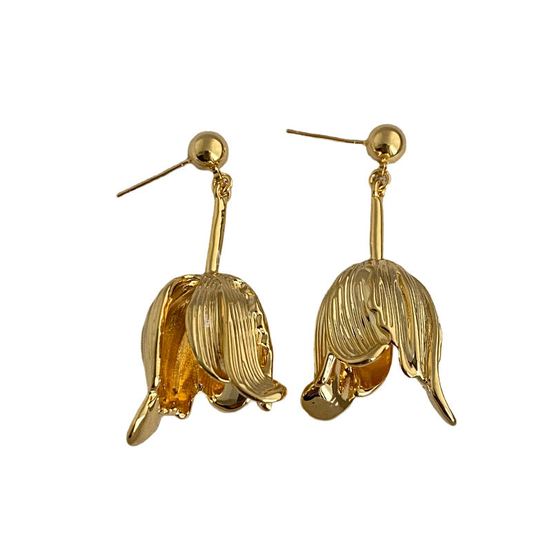 18K Real Gold Plated Metal Minimalist Tulip Flower Earrings Elegant Niche Design Sense Drop Earrings Jewelry