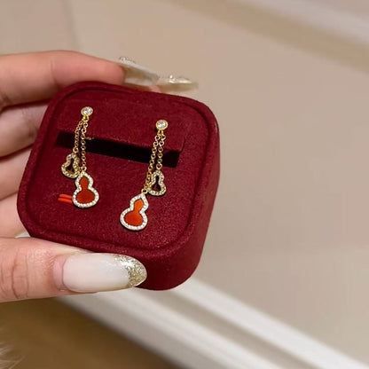 New Chinese Style Red Agate Double Gourd Tassel Earrings Exquisite High-end Sense Elegant Fashion Versatile Fortune Hollow Earrings
