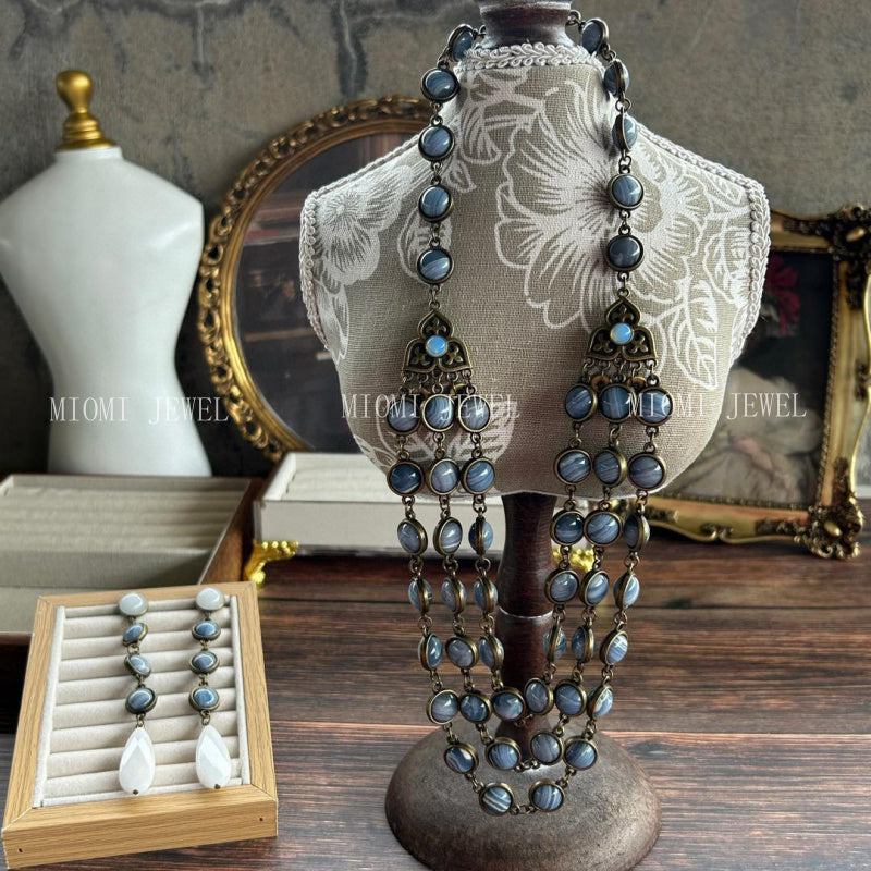 Vintage Multi-layer Natural Stone Original Design Retro Blue Vein Stone Double-sided Bead Necklace and Earring Set