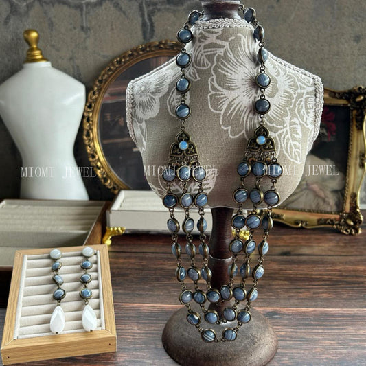 Vintage Multi-layer Natural Stone Original Design Retro Blue Vein Stone Double-sided Bead Necklace and Earring Set