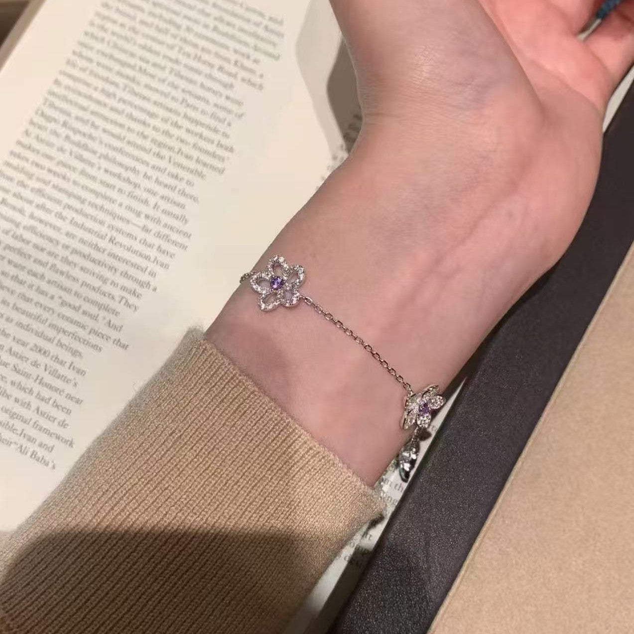 Sterling Silver A925 High Carbon Diamond Summer Purple Flower Bracelet Exquisite High-end Niche Versatile Design