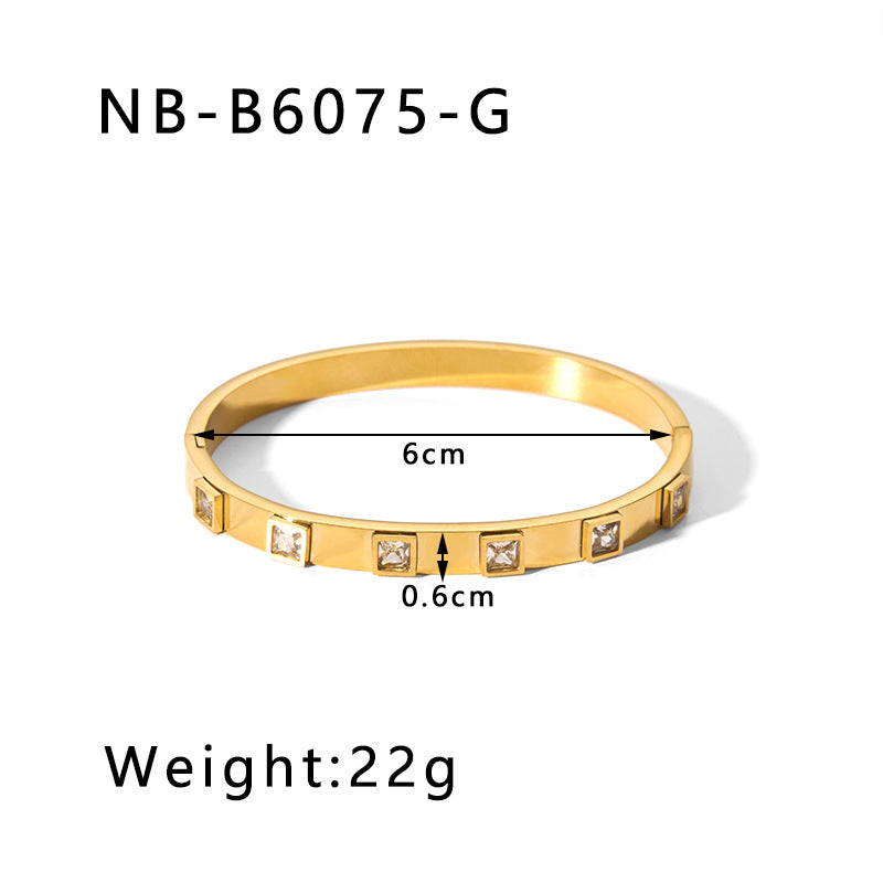 Hot-Selling Zircon Heart-Shaped Quadrilateral Geometric White Zircon Green Zircon Titanium Steel Real Gold Plated Color-Retaining Jewelry Bracelet