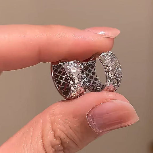 925 Sterling Silver CNC Crushed Ice Hoop Earrings Light Luxury High-end Niche Versatile Sparkling Italian Craft Earrings Light Luxury