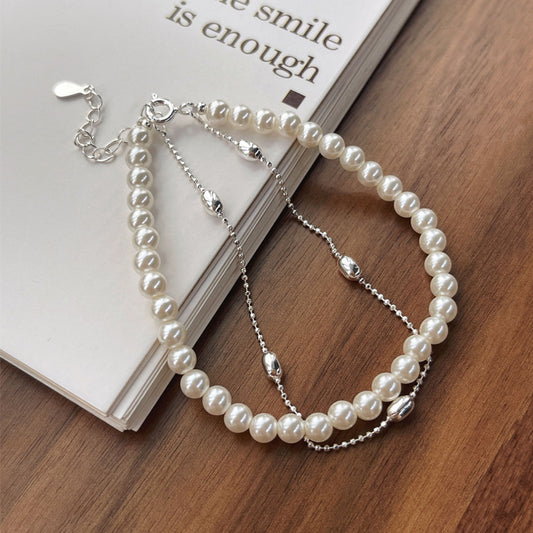 S925Sterling Silver Niche Design Imitation Pearl Bracelet for Women, Light Luxury Olive Bead Double Layer Bracelet, Elegant High-end Sense Jewelry