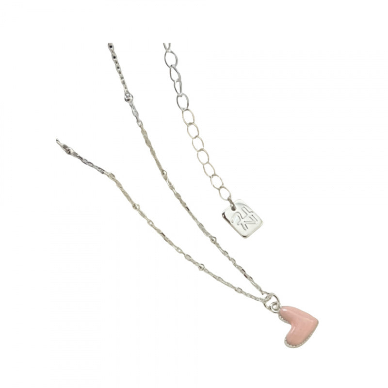 Korea Dongdaemun Style Silver Jewelry S925 Sterling Silver Pink Glaze Heart Bead Necklace Cute Versatile for Women