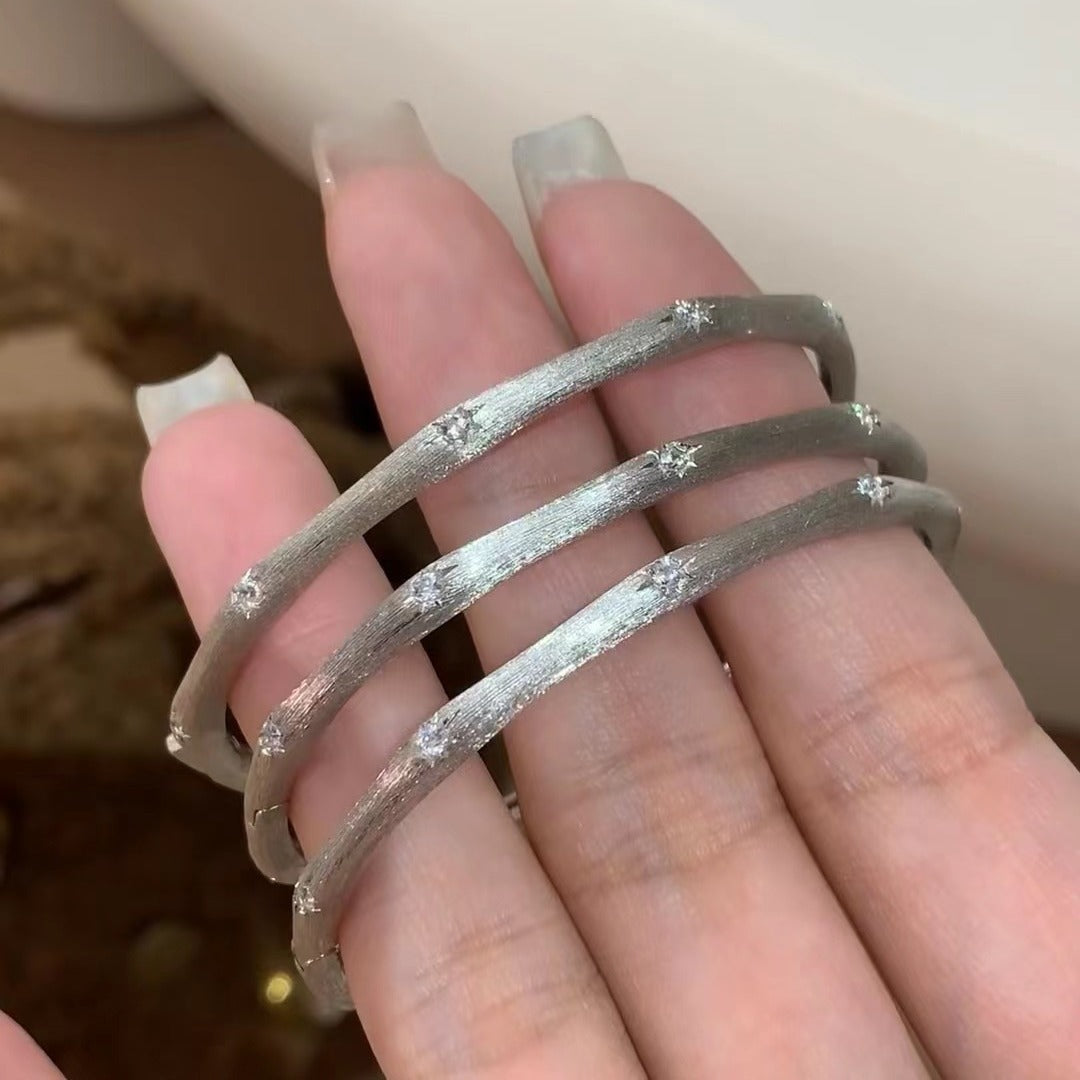 Pure Silver S925 Vintage Brushed Craft Ribbon Starlight Brushed Bracelet Thin Women's Simple Circle Inlaid Diamond Bangle