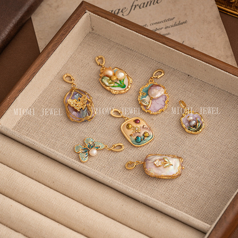 Natural Baroque Pearl Necklace Universal Clasp Pendant Exquisite Oil Drop Flower Oil Painting Style Retro Versatile Women's Necklace