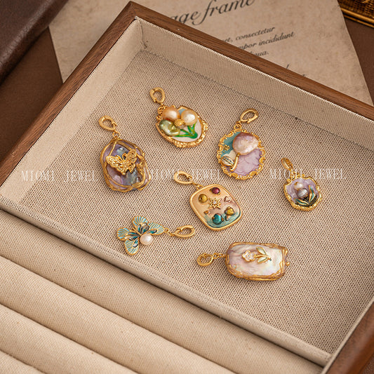 Natural Baroque Pearl Necklace Universal Clasp Pendant Exquisite Oil Drop Flower Oil Painting Style Retro Versatile Women's Necklace