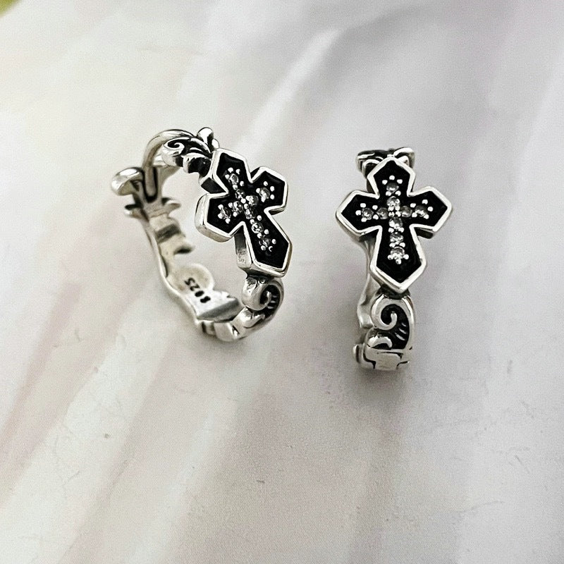925 Sterling Silver Cross Inlaid with Zirconia Personality Trendy Fashion Retro Earrings Niche Versatile Hypoallergenic Stud Earrings