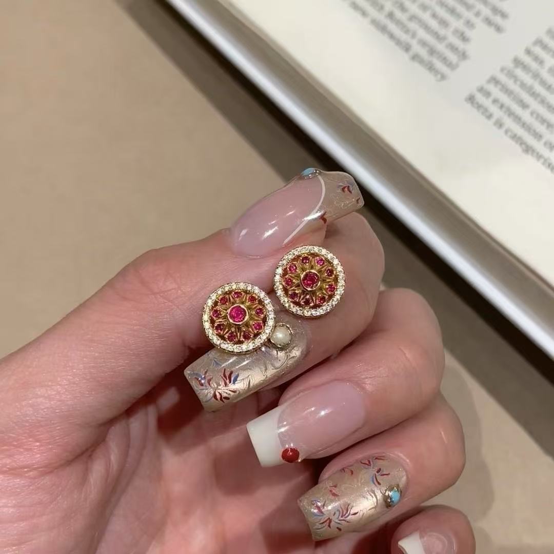 Pure Silver S925 Rose Flower Window Red Gemstone High Carbon Diamond Earrings High-end Versatile