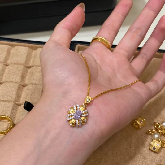 Italian Vintage Brushed Purple Flower Necklace Sparkling Full Diamond Sunflower Pendant Light Luxury Exquisite Collarbone Chain