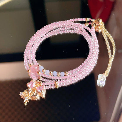 Natural Faceted Strawberry Quartz with Aquamarine Multi-layer Three-circle Bracelet and Necklace Dual-use