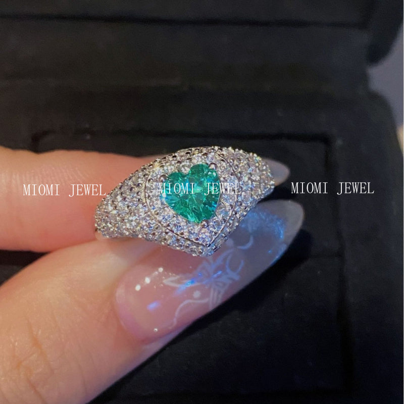 S925 Sterling Silver North Island Lovers Vintage Paraiba Heart Full Diamond Ring Antique Style Peach Heart Gemstone Diamond Ring