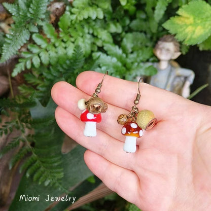Handmade Vintage Forest-Style Fresh Minimalist Vacation Earrings - Jungle Glass Small Mushroom, Cute Lolita Dried Fruit Earrings