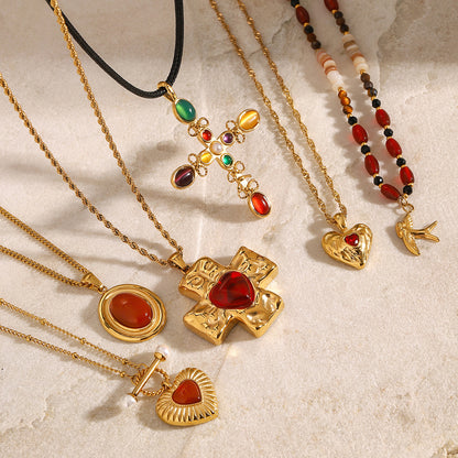 Stainless Steel Red Agate Cross Necklace Heart Pendant Collarbone Chain Titanium Steel Neck Chain Jewelry