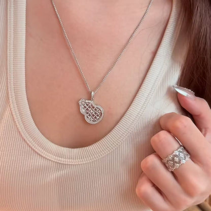 Pure Silver S925 Brushed Craft Lace Gourd Necklace Vintage Court Style High-end Feel Elegant Versatile Unique
