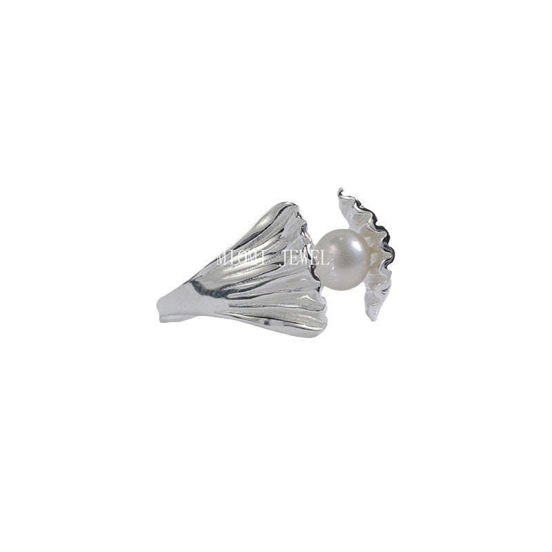 S925 Sterling Silver Beach Shell Tree Shadow Freshwater Pearl Ring for Women, Niche Design, Adjustable Open Smart Tail Ring