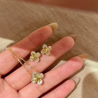 Sterling Silver S925 Niche Light Luxury Ins Style Laser Four-Leaf Clover Necklace and Earring Set Exquisite Gentle Elegant Temperament