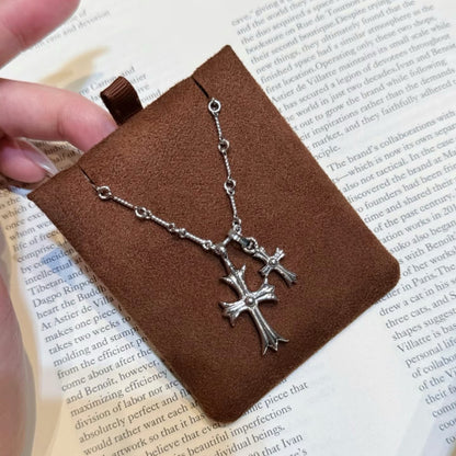 Pure Silver S925 Double Cross Heavy Craft Collarbone Chain European and American Retro Style High-end Light Luxury Feel