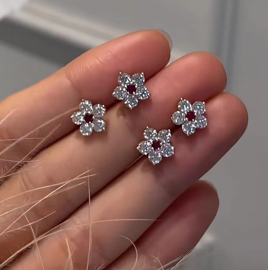 Italian Light Luxury High-End Jewelry 925 Sterling Silver Ruby Flower Pistil Five-Flower Small Diamond Earrings