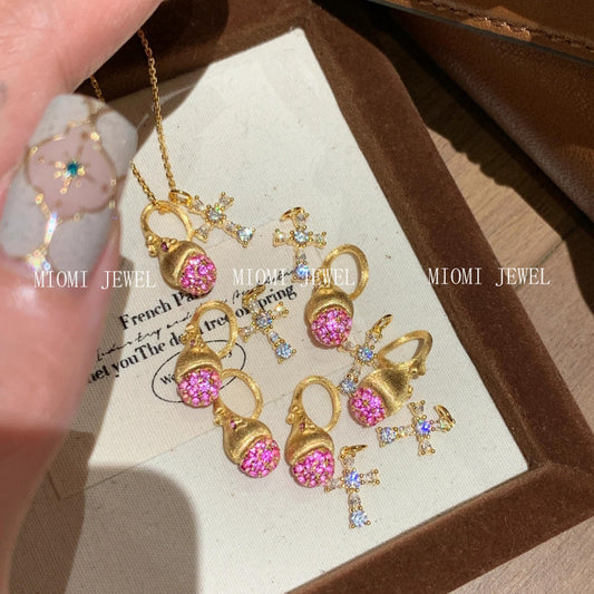 S925 Sterling Silver Brushed Pinecone Cross Necklace Exquisite Sweet Pink Diamond Pendant Niche Design Sense Clavicle Chain