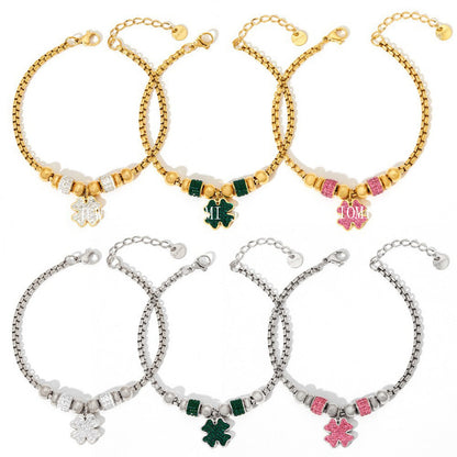 New Lucky Clover Bracelet for Women Stainless Steel Inlaid Diamond Four-Leaf Clover Bracelet Sweet Fairy Style Color-Retaining Jewelry