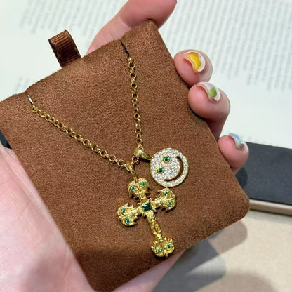 Pure Silver S925 Super Shiny Cross Iris Flower Smiley Face Necklace Trendy Brand Retro Light Luxury Niche Personality Versatile Neck Chain
