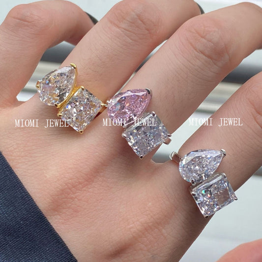 S925 Sterling Silver Double Main Stone Ice Flower Cut Ring for Women Inlaid with High Carbon Diamond Zircon European and American High-end Fashion Wedding Ring