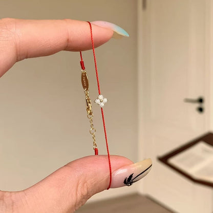 Simple Everyday Versatile S925 Sterling Silver Single Diamond Flower Clover Red Rope Women's Bracelet