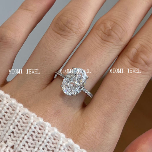 S925 Sterling Silver Oval Ring for Women Inlaid with 8A Ice Flower Cut High Carbon Diamond European and American Exquisite Wedding Ring Cross-Border