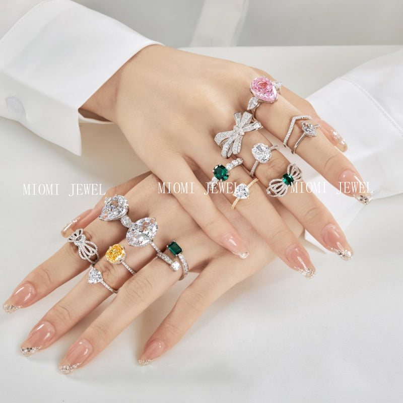 High Carbon Diamond Ring for Women S925 Sterling Silver Zircon Ring Colored Gemstone Ring Wholesale TikTok Cross-Border Live Streaming