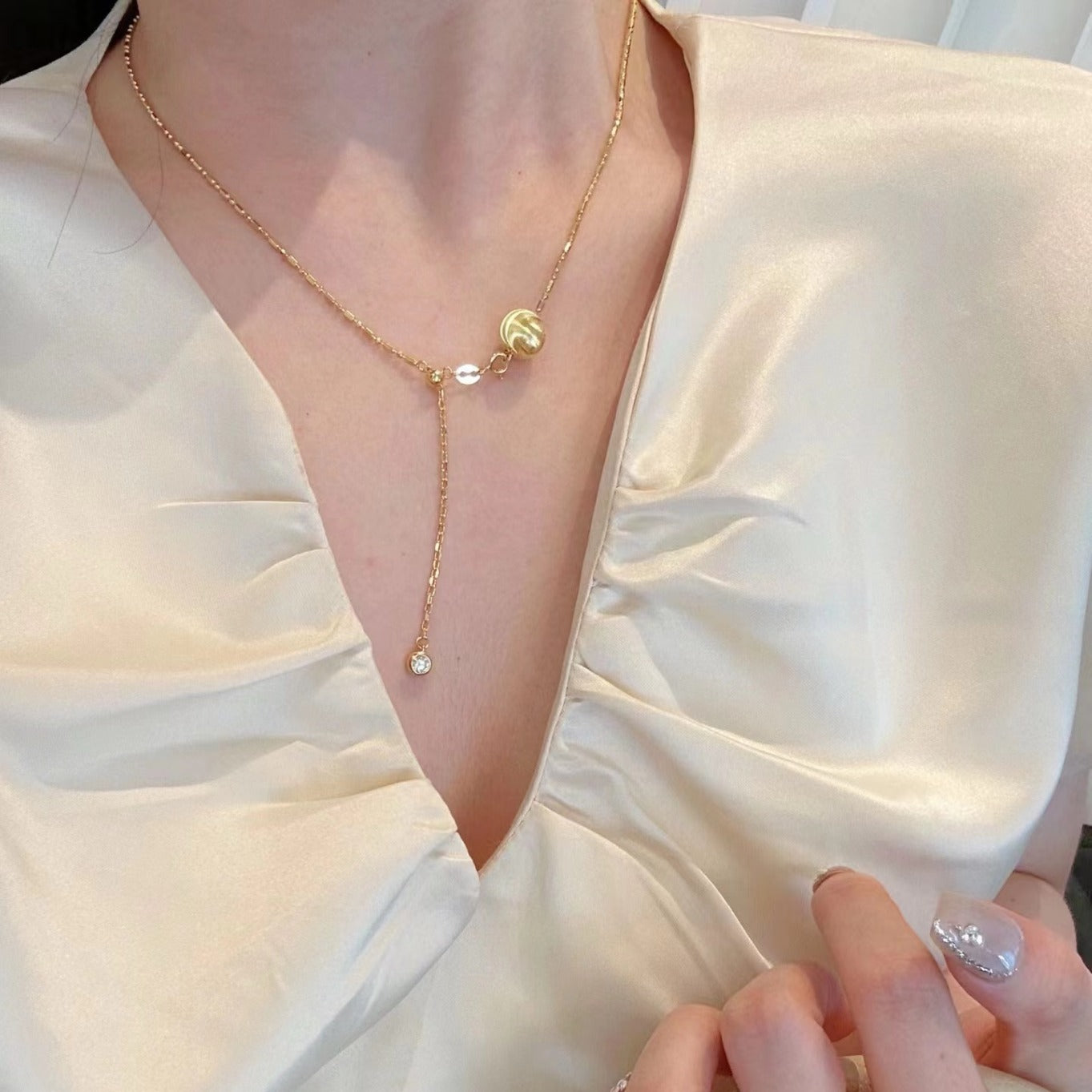 Pure Silver S925 Real Gold Plated Retractable Push-Pull Cat Eye Bead Necklace Clavicle Chain Light Luxury High-End Exquisite