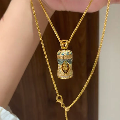 Pure Silver S925 New Chinese Style Retro National Style Four-Faced Buddha Prayer Wheel Enamel Craft Necklace High-End Elegant Light Luxury