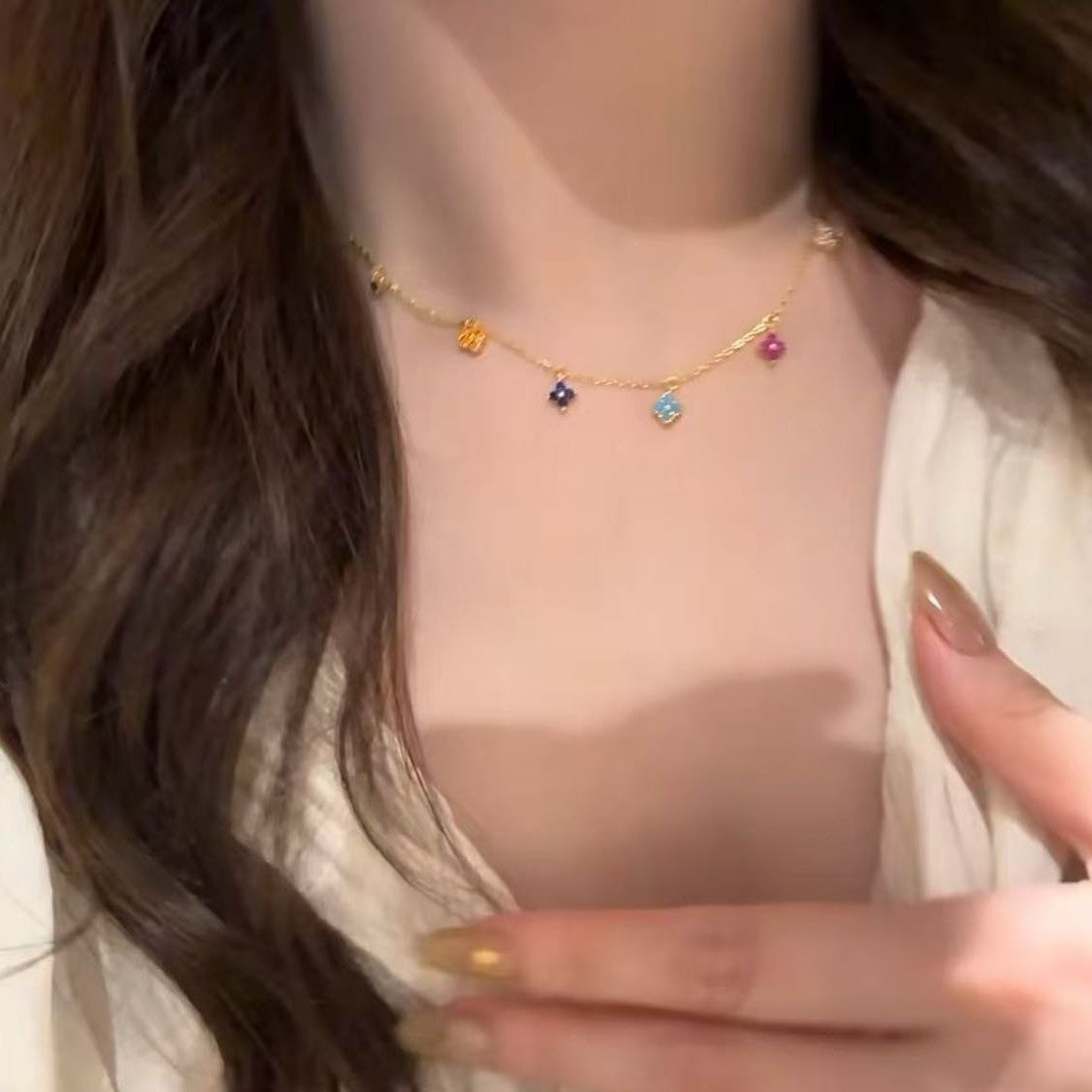 Pure Silver S925 Dopamine Four-Leaf Clover Bracelet Necklace Light Luxury High-End Niche Fashion Simple Versatile