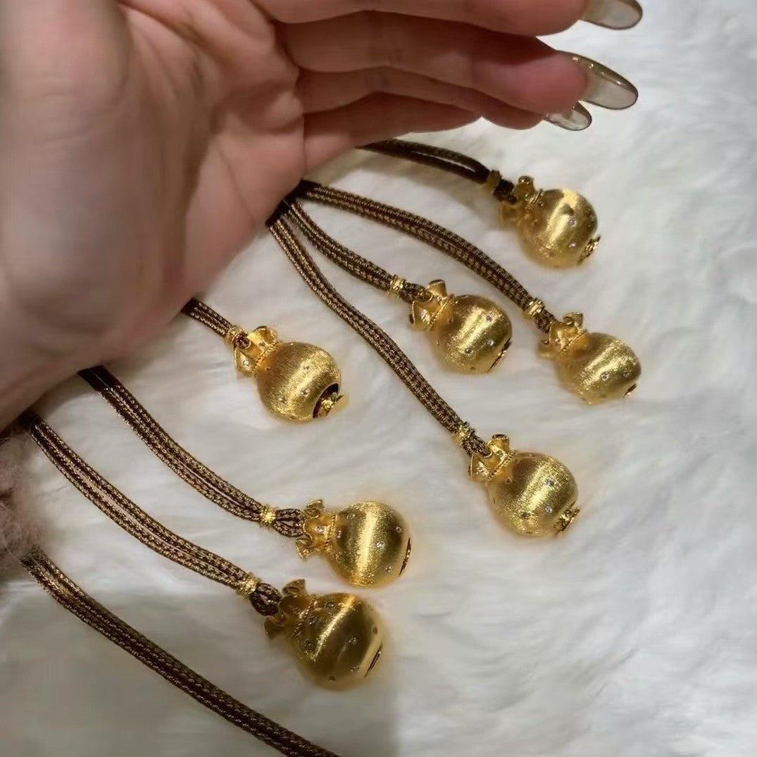 Pure Silver S925 Brown Rope Brushed Craft Large Lucky Bag with Heaven and Earth God of Wealth Sweater Chain