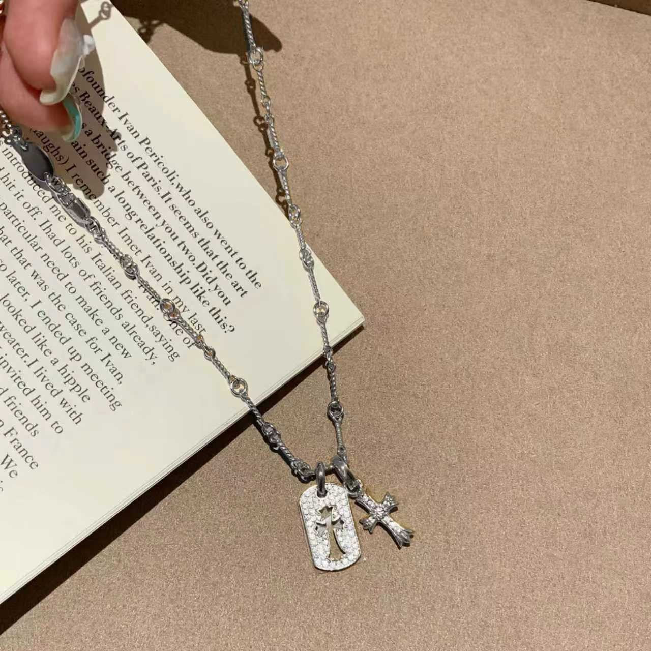 Sterling Silver S925 Double Cross Necklace Niche Ins Style High-end Light Luxury European and American Retro Versatile Heavy Craft Collarbone