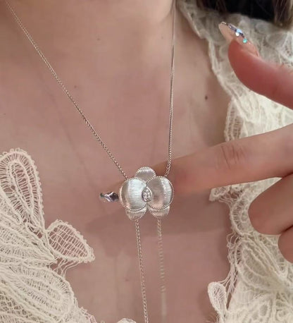 Sterling Silver S925Brushed Craft Butterfly Orchid Necklace Sweater Chain High-End Light Luxury Niche Design Exquisite Collarbone Chain