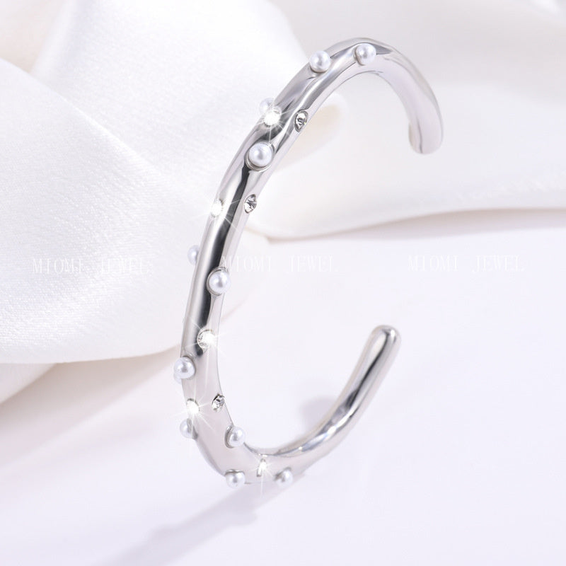 Stainless Steel Bracelet Trendy Inlaid Pearl Bracelet Women's Titanium Steel Retro Versatile Hand Jewelry