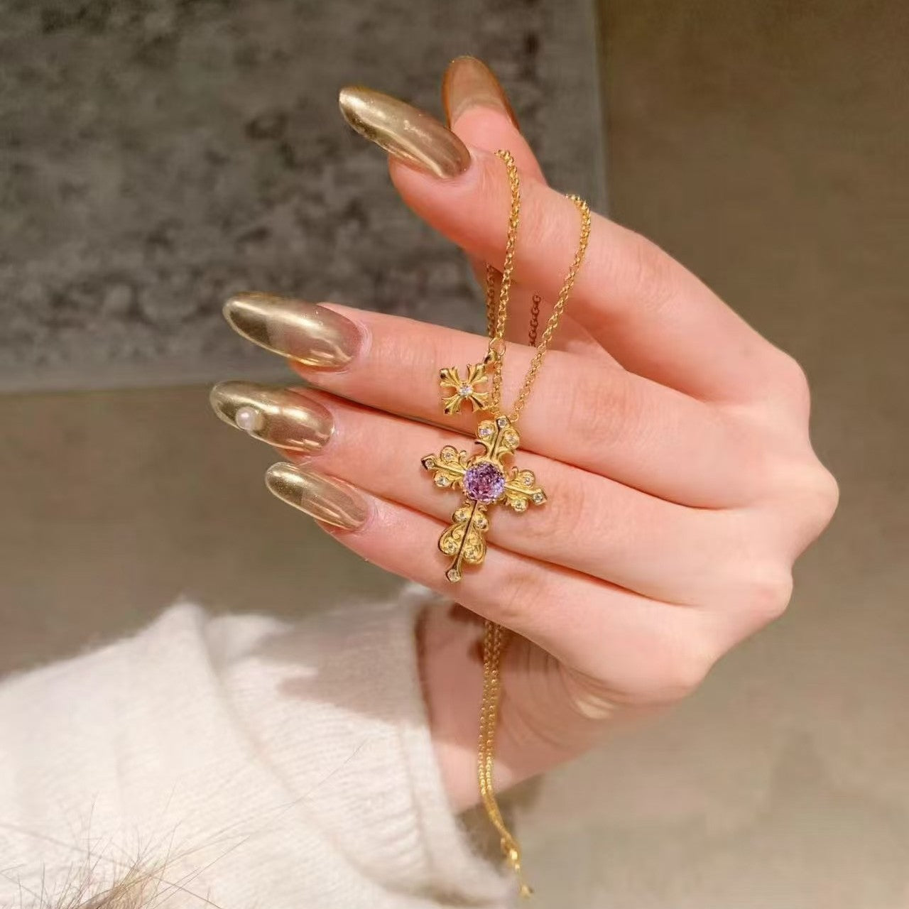 Pure Silver S925 Nine Purple Fire Zircon Iris Flower Cross Necklace Exquisite High-end Elegant Versatile Necklace