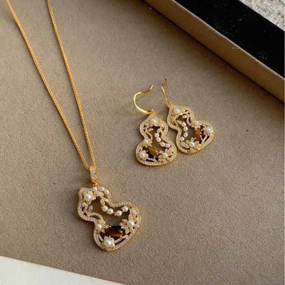 Sterling Silver S925 Autumn Winter Essential Natural Tiger Eye Pearl Gourd Necklace Earrings Set Light Luxury High-end Niche Versatile